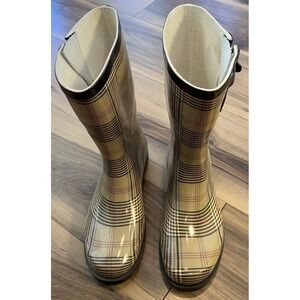 Henry Ferrera Plaid Rain Boots Womens 7 Mid Calf Buckle Tan Black Red Preppy